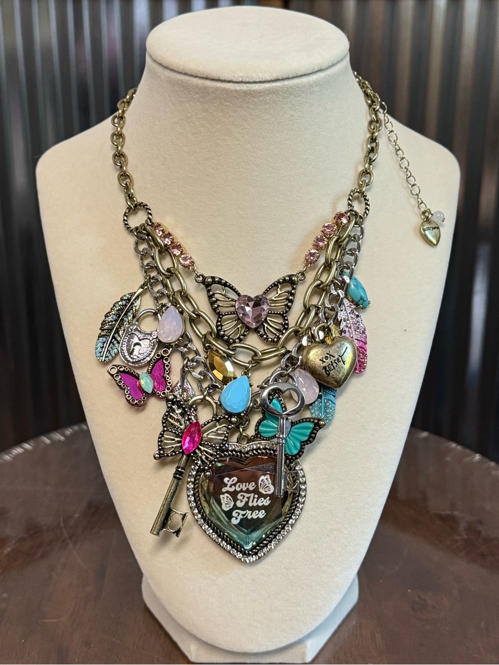 BETSEY JOHNSON Multi-Layer Butterflies Keys Heart Pendant Charm Necklace